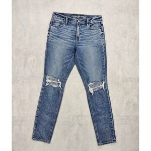 American Eagle Mom Jeans Women 10 X 32 Whisker Wash Distressed Stretch Blue